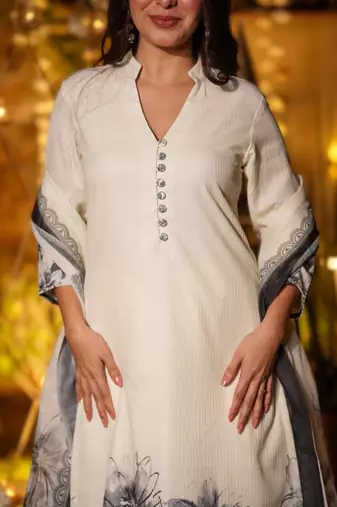 viscose chanderi printed kurta pant set with dupatta