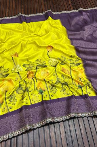 Lemon Color Jaqurad Weaving Work Georgette Silk Blend Saree
