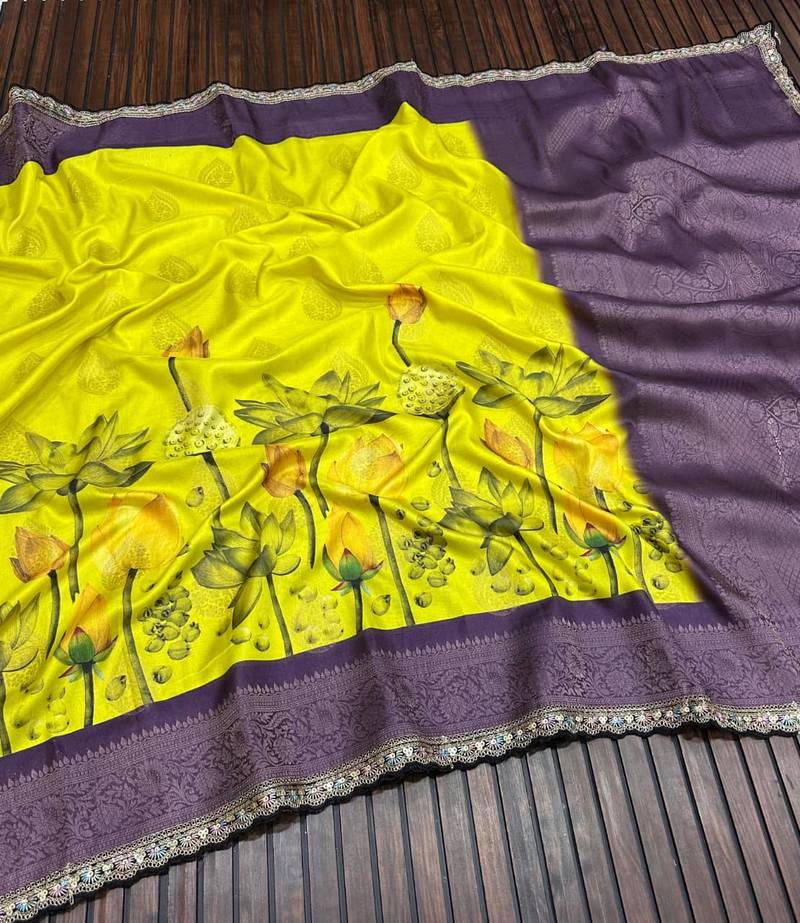 Lemon Color Jaqurad Weaving Work Georgette Silk Blend Saree