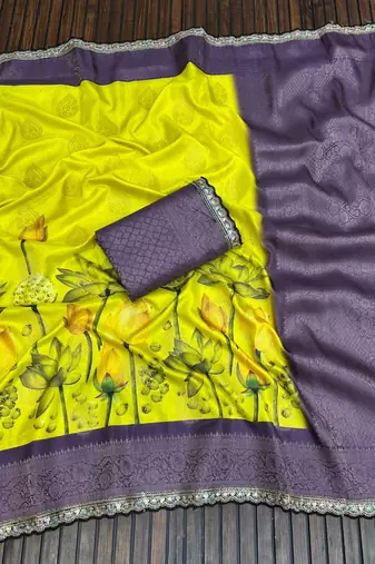 Lemon Color Jaqurad Weaving Work Georgette Silk Blend Saree