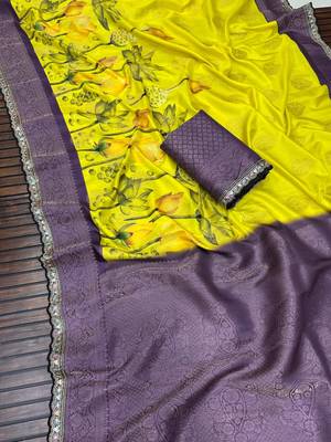Lemon Color Jaqurad Weaving Work Georgette Silk Blend Saree 3