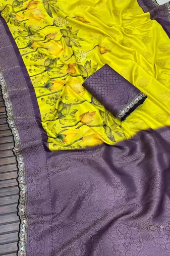 Lemon Color Jaqurad Weaving Work Georgette Silk Blend Saree