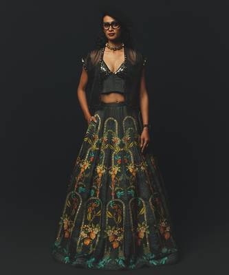 Charcoal Printed Linen Lehenga Set 1