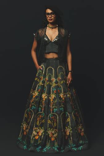 Charcoal Printed Linen Lehenga Set