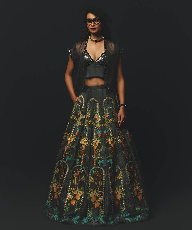 Charcoal Printed Linen Lehenga Set