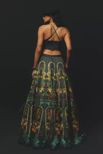 Charcoal Printed Linen Lehenga Set