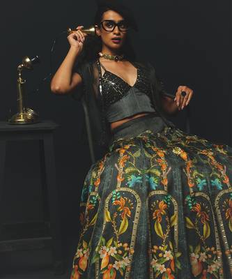 Charcoal Printed Linen Lehenga Set 3