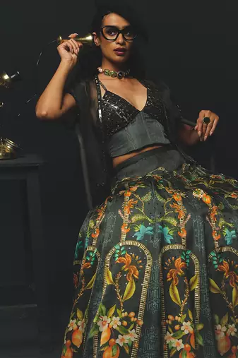 Charcoal Printed Linen Lehenga Set