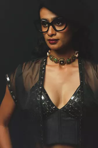 Charcoal Printed Linen Lehenga Set