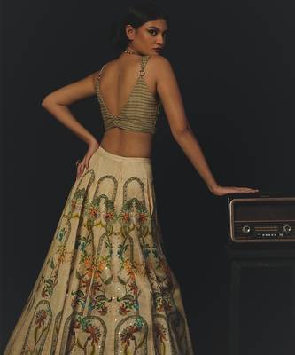 Beige Printed Tissue Lehenga Set 2
