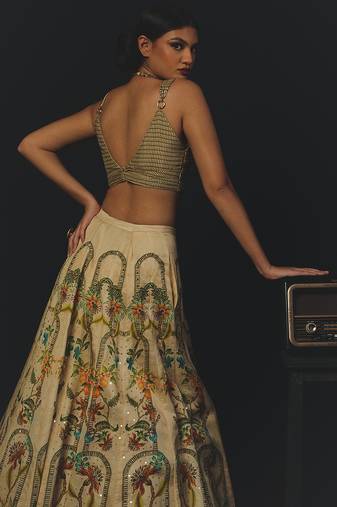 Beige Printed Tissue Lehenga Set