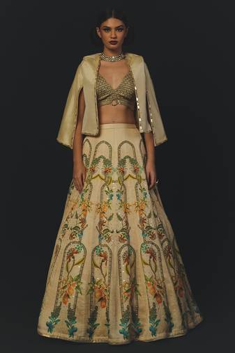 Beige Printed Tissue Lehenga Set