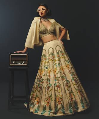 Beige Printed Tissue Lehenga Set 3