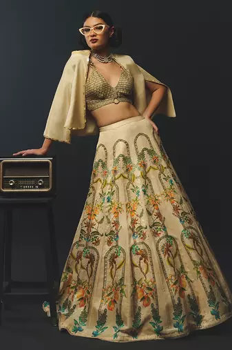 Beige Printed Tissue Lehenga Set