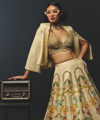 Beige Printed Tissue Lehenga Set 4