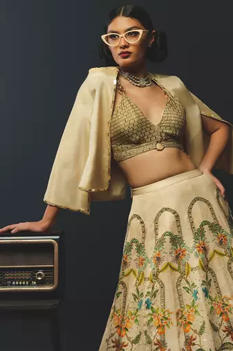 Beige Printed Tissue Lehenga Set