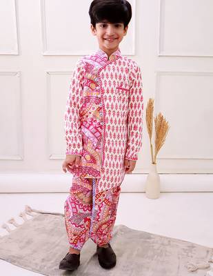 cotton fullsleeves all over printed kurta with dhoti - peach & white 4