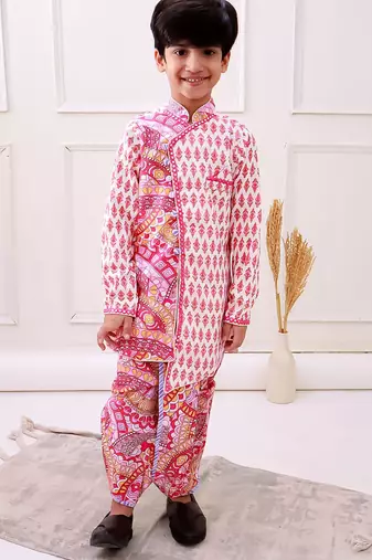 cotton fullsleeves all over printed kurta with dhoti - peach & white