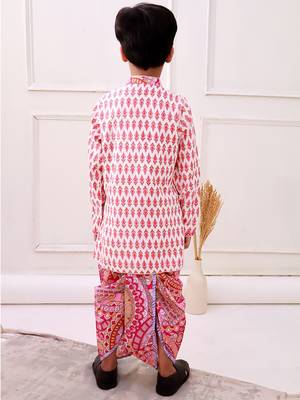 cotton fullsleeves all over printed kurta with dhoti - peach & white 5