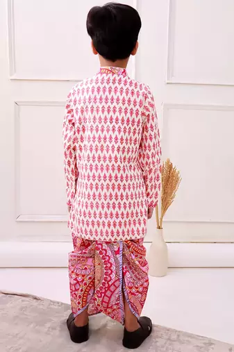 cotton fullsleeves all over printed kurta with dhoti - peach & white