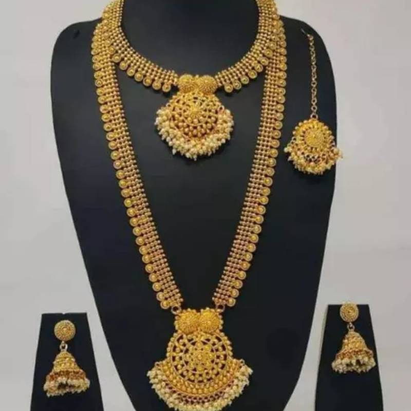 Gold plated south indian bridal jewelry set necklace, long chain earrings and mang tikka