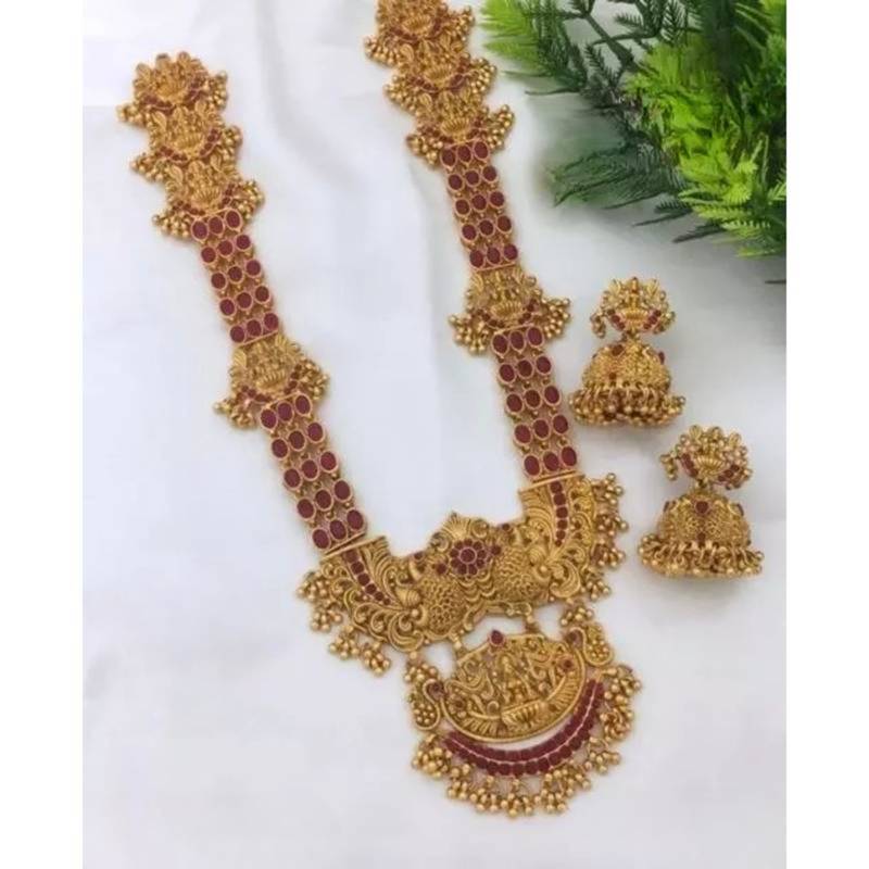 Exquisite antique gold temple jewellery set with rich ruby accents | traditional south indian bridal haaram and jhumkas