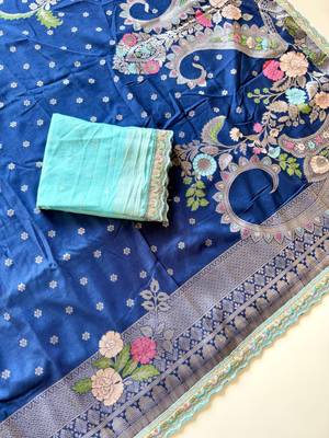 Blue Color Georgette Minakari Petch Work Georgette Khadi Saree 3