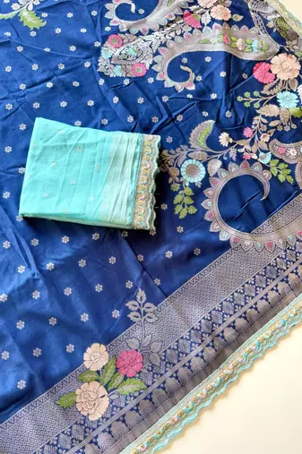 Blue Color Georgette Minakari Petch Work Georgette Khadi Saree