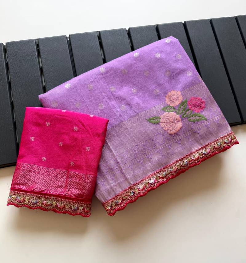 Lavender Color Georgette Minakari Petch Work Georgette Khadi Saree