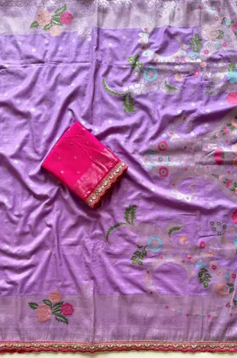 Lavender Color Georgette Minakari Petch Work Georgette Khadi Saree