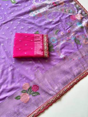 Lavender Color Georgette Minakari Petch Work Georgette Khadi Saree 3