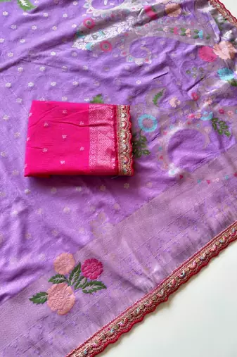 Lavender Color Georgette Minakari Petch Work Georgette Khadi Saree