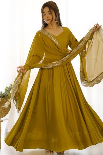 Women pure romansilk chanderi fully flair anarkali pant with dupatta set