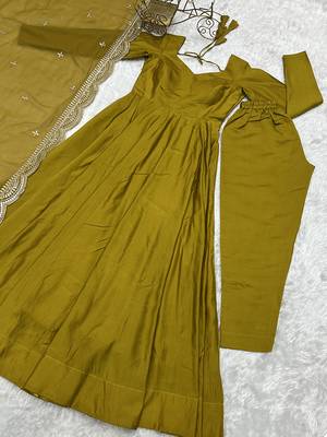 Women pure romansilk chanderi fully flair anarkali pant with dupatta set 4