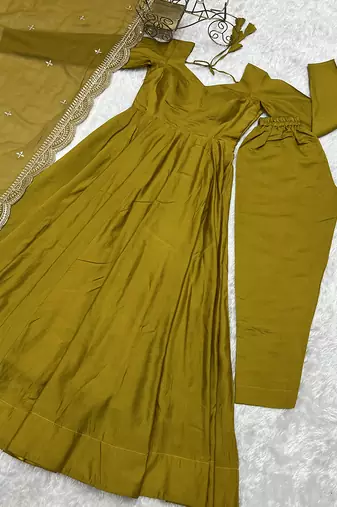 Women pure romansilk chanderi fully flair anarkali pant with dupatta set
