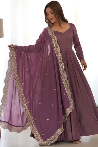 Women pure romansilk chanderi fully flair anarkali pant with dupatta set