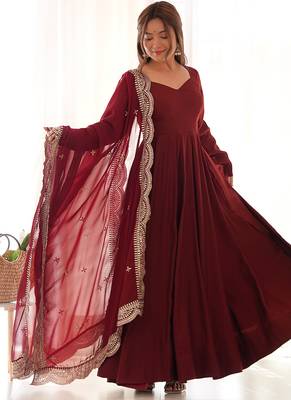 Women pure romansilk chanderi fully flair anarkali pant with dupatta set 1