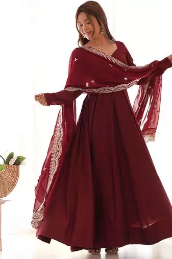 Women pure romansilk chanderi fully flair anarkali pant with dupatta set