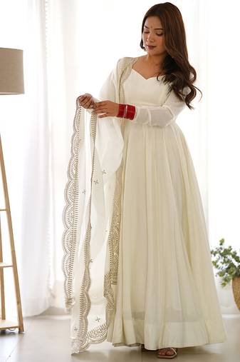 Women pure romansilk chanderi fully flair anarkali pant with dupatta set