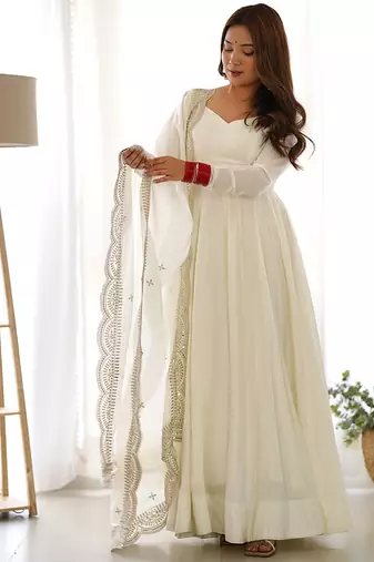 Women pure romansilk chanderi fully flair anarkali pant with dupatta set