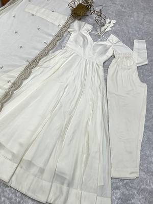 Women pure romansilk chanderi fully flair anarkali pant with dupatta set 4
