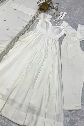 Women pure romansilk chanderi fully flair anarkali pant with dupatta set