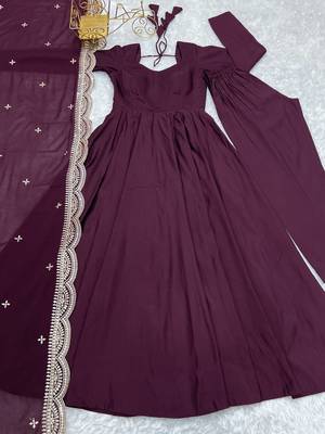 Women pure romansilk chanderi fully flair anarkali pant with dupatta set 4