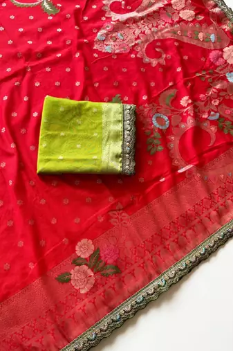 Red Color Georgette Minakari Petch Work Georgette Khadi Saree