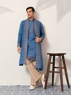 BLUE VISCOSE SILK THREAD & SEQUINS EMBROIDERED WORK FUNCTION FESTIVAL MARRIAGE PARTY WEAR STRAIGHT KURTA DUPATTA 1