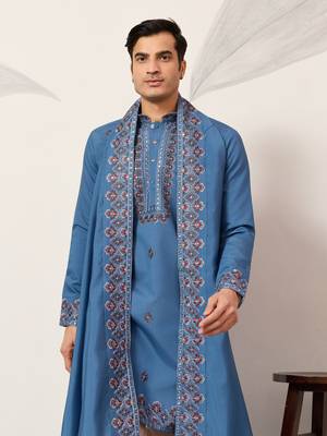 BLUE VISCOSE SILK THREAD & SEQUINS EMBROIDERED WORK FUNCTION FESTIVAL MARRIAGE PARTY WEAR STRAIGHT KURTA DUPATTA 3