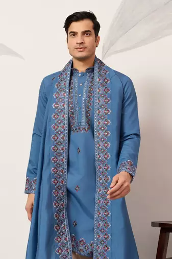 BLUE VISCOSE SILK THREAD & SEQUINS EMBROIDERED WORK FUNCTION FESTIVAL MARRIAGE PARTY WEAR STRAIGHT KURTA DUPATTA