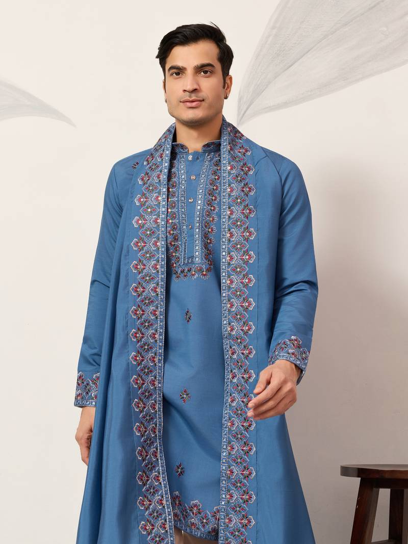 BLUE VISCOSE SILK THREAD & SEQUINS EMBROIDERED WORK FUNCTION FESTIVAL MARRIAGE PARTY WEAR STRAIGHT KURTA DUPATTA