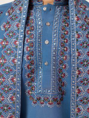 BLUE VISCOSE SILK THREAD & SEQUINS EMBROIDERED WORK FUNCTION FESTIVAL MARRIAGE PARTY WEAR STRAIGHT KURTA DUPATTA 4