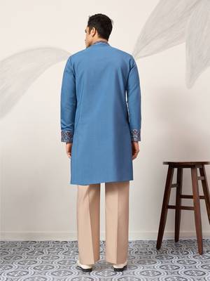 BLUE VISCOSE SILK THREAD & SEQUINS EMBROIDERED WORK FUNCTION FESTIVAL MARRIAGE PARTY WEAR STRAIGHT KURTA DUPATTA 6